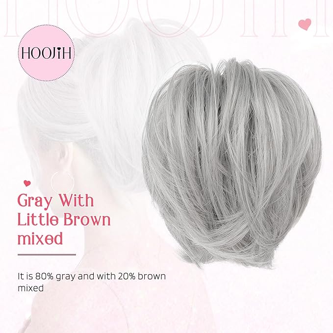 HOOJIH Messy Bun Hair Piece, Claw Clip in Straight Hair Bun 9 Inch Short Ponytail Extension with Bendable Metal Wire Hair Pieces for Women Fake Hair Bun DIY Styles - Silver Gray With Brown mixed