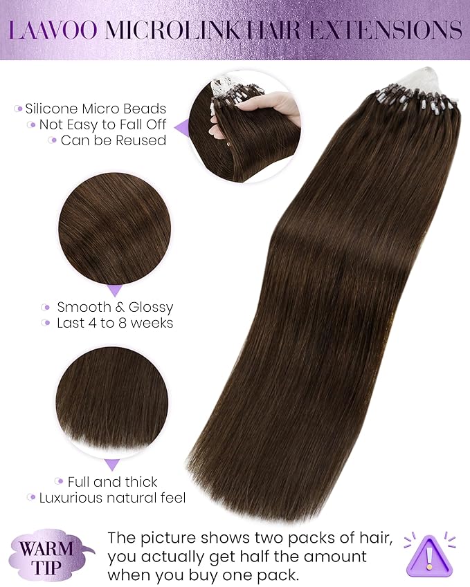 LaaVoo Micro Loop Hair Extensions Real Human Hair Dark Brown Microbead Hair Extensions Solid Color #4 22 Inch 50g/50s