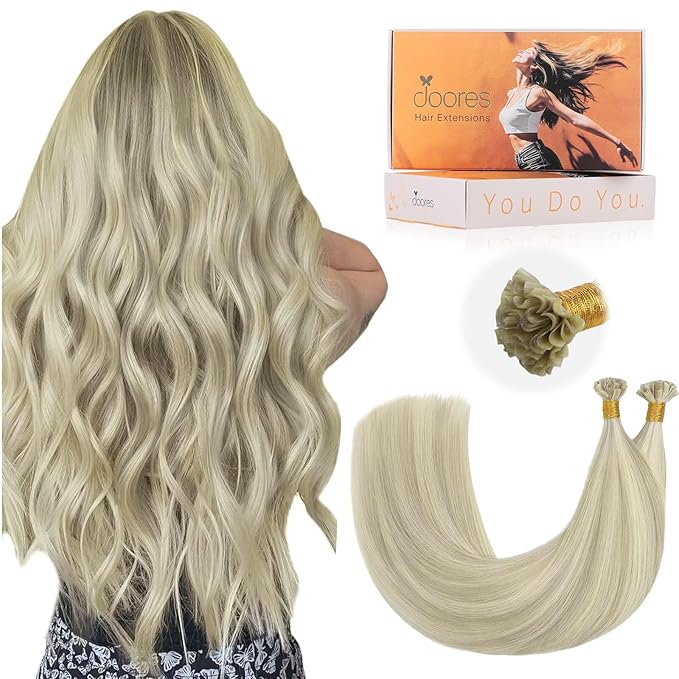 DOORES Ktips Hair Extensions Human Hair, Ash Blonde Highlighted Platinum Blonde 14 Inch 50g/50s, K Tip Extensions for Women