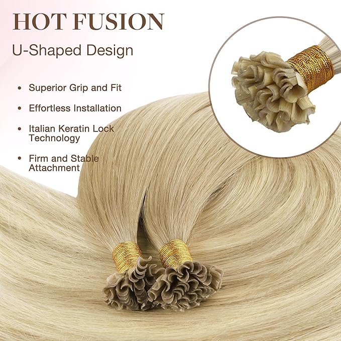 GOO GOO U Tip Hair Extensions Real Human Hair, 18inch 50g 50S, Hot Fusion U Tip Hair Extensions, Invisible Remy Hair Extensions, 18ET90A Natural Blonde Balayage