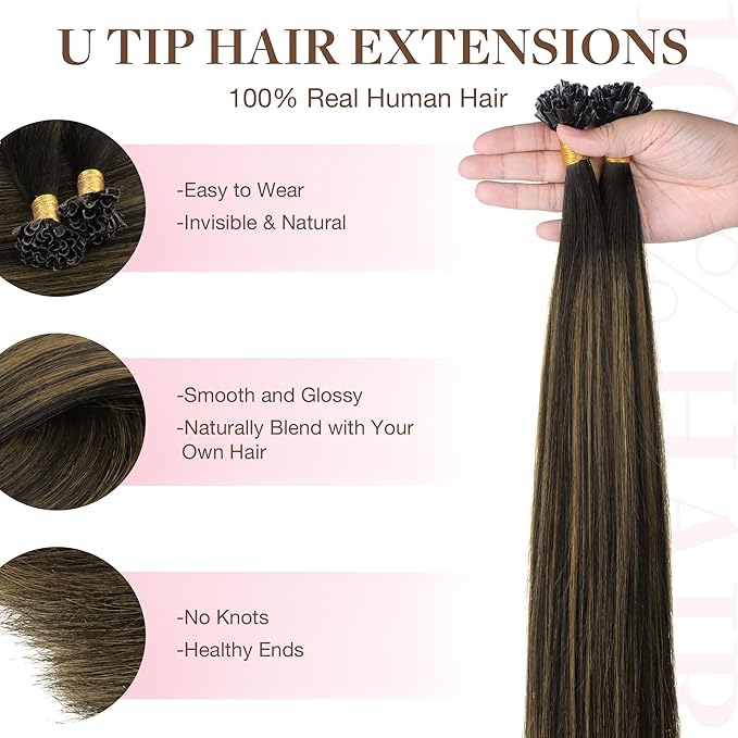 GOO GOO U Tip Hair Extensions - Real Human Hair, 18inch 50g 50S, Hot Fusion U Tip, Invisible Remy, 1B/6/1B Balayage Natural Black to Chestnut Brown