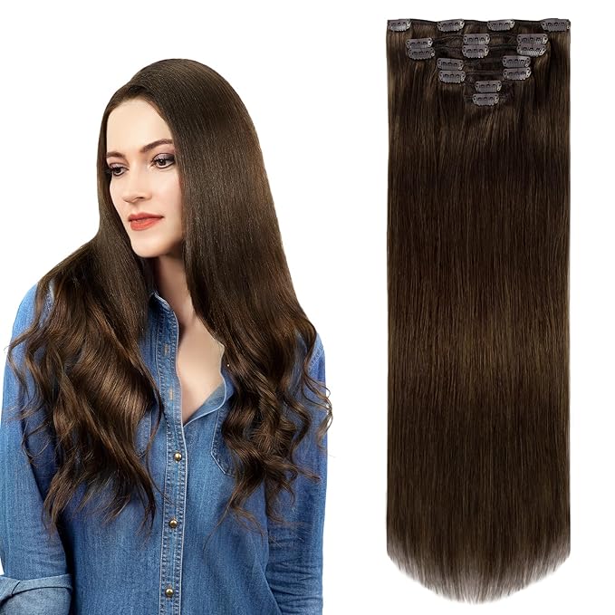 Clip in Hair Extensions Real Human Hair, 100% Remy Chocolate Brown Hair Extensions for Long Hair, Tangle-free&Shedding-free, #4 22Inch 120G 7PCS