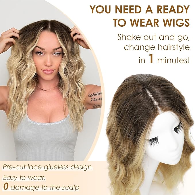 AISI HAIR Ombre Blonde Wig for Women Medium Length Wave Curly Glueless Synthetic Heat Resistant Hair Wigs for Daily Party Cosplay