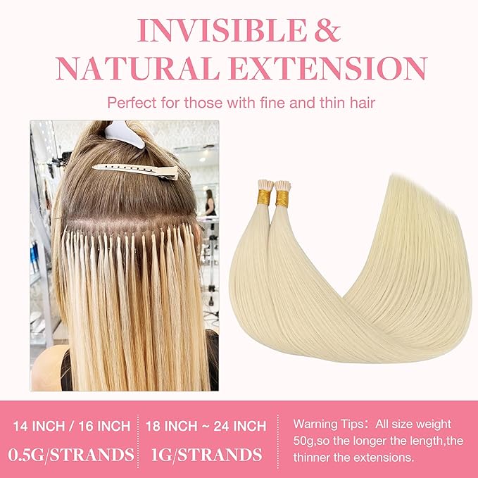 GOO GOO I Tip Hair Extensions, Real Human Hair, 14inch 50g 100S, Cold Fusion, Invisible Remy, 60A Platinum Blonde