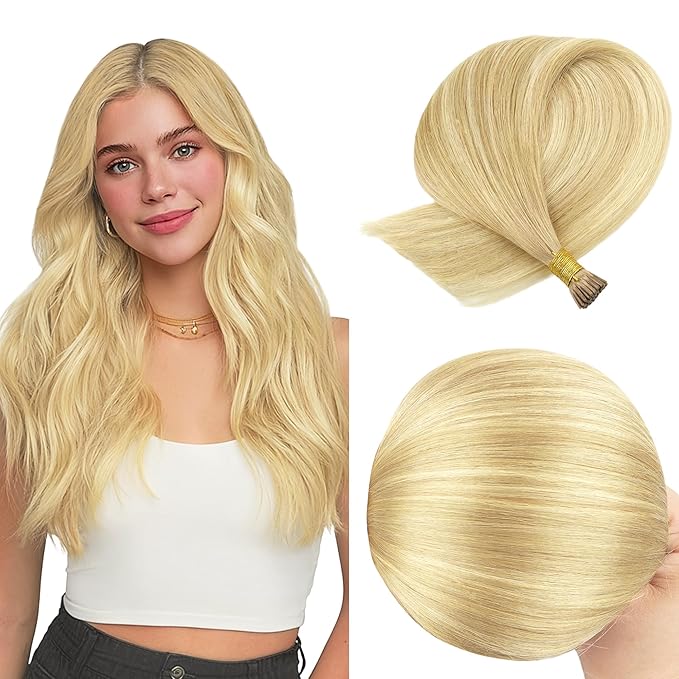GOO GOO I Tip Hair Extensions Real Human Hair, 20inch 50g 50S, Cold Fusion I Tip Hair Extensions, Invisible Remy Hair Extensions, 18AT60A Pearl Ash Blonde Highlights