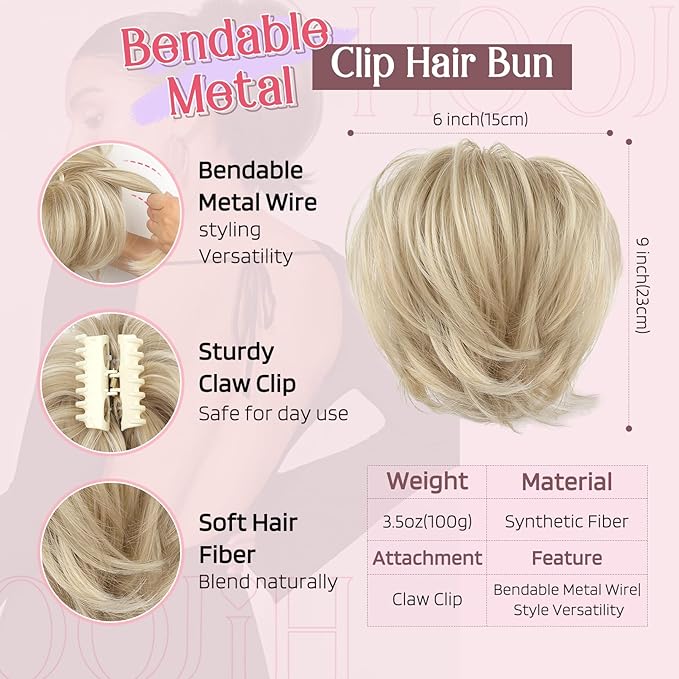 HOOJIH Ponytail Extension, Claw Clip in Straight Messy Hair Bun 9 Inch Short Ponytail Extension with Bendable Metal Wire Hair Pieces for Women Fake Hair Bun DIY Styles - Medium Blonde with Highlights