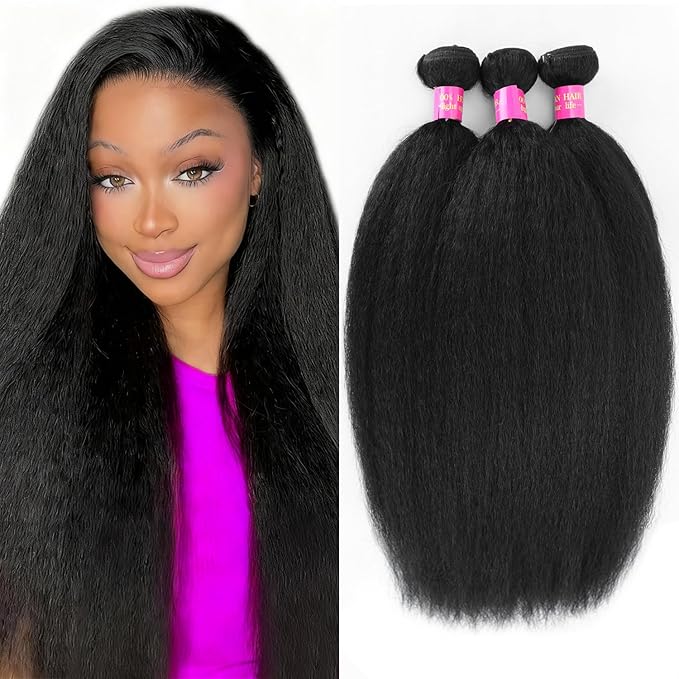Kinky Straight Bundles 16 18 20 Inch 12A Yaki Straight Human Hair Bundles 100% Unprocessed Brazilian Virgin Remy Hair 3 Bundles, Silky Soft, No Smell, No Shedding, No Tangle