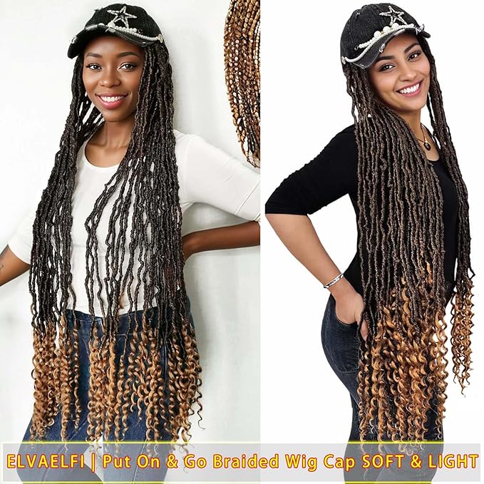 36" Nu Locs Crochet Hair Curly Ends Gradient Brown, Pearl Baseball Cap Wigs for Women Girls Easy Styling