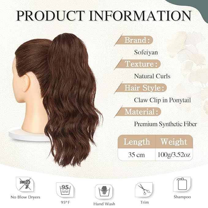 SOFEIYAN 14" Ponytail Extension, Short Wavy Claw Clip in Ponytail Hair Extension Synthetic Hairpieces Natural Black Layered Natural Fluffy Curly Drawstring Ponytail Hair Piece for Women