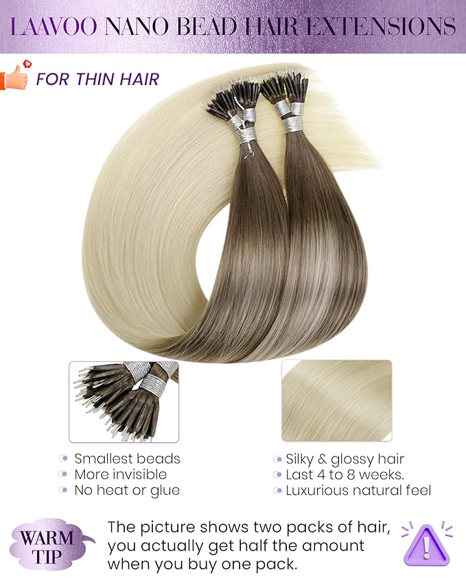 LaaVoo Nano Hair Extensions Human Hair Ombre Blonde Nano Bead Hair Extensions Ash Brown Fading to Light Blonde 50s 50g 18 Inch
