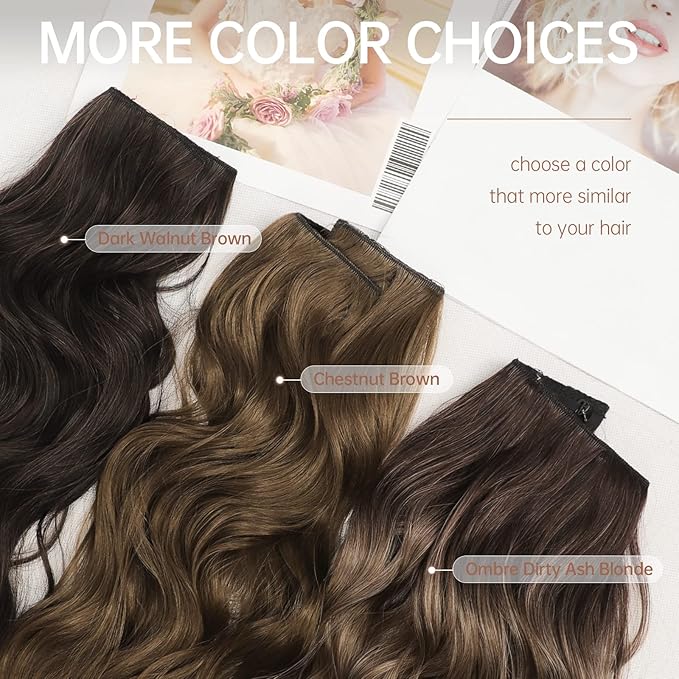 KooKaStyle Invisible Wire Hair Extensions with Transparent Headband Adjustable Size 4 Secure Clips Long Wavy Secret Wire Hairpiece 16 Inch Dark Walnut Brown for Women