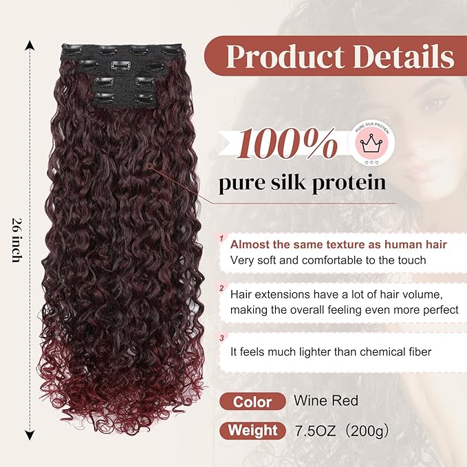 LONAI 4PC Clip in Hair Extensions, 100％ Pure Protein Silk Curly Hair Extension for Women, 26 Inch Long Soft Natural Hair Extensions-Wine Red