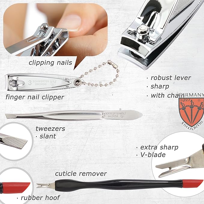 3 Swords Germany - brand quality 7 piece manicure pedicure grooming kit set for professional finger & toe nail care scissors clipper fashion leather case in gift box, Made by 3 Swords Germany (6318)