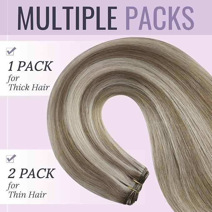 Fshine Sew in Hair Extensions Real Human Hair Highlight Ash Brown with Platinum Blonde Hand Tied Weft Hair Extensions Straight Double Weft Remy Human Hair 100g 22 Inch