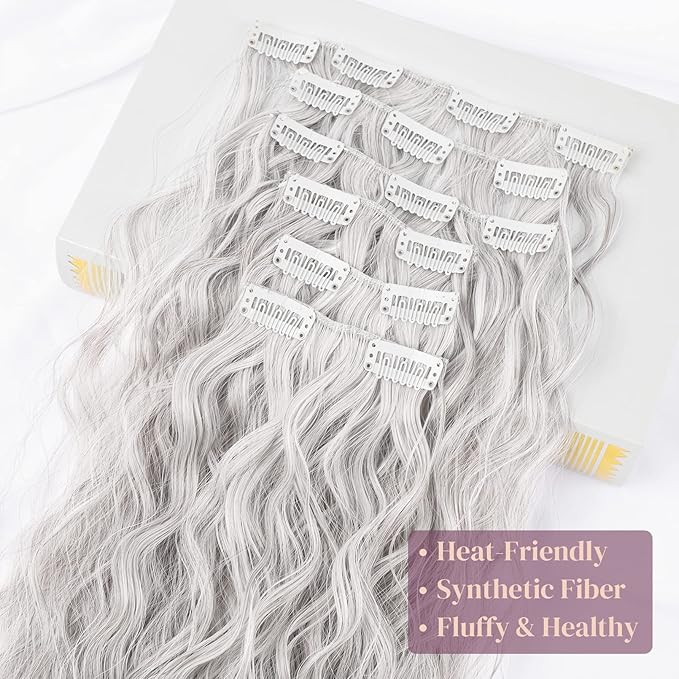 LONAI Clip In Hair Extensions, 6PCS Curly 24" Long Synthetic Clip On Hairpiece For Women-Grey/Silver/White Mixed