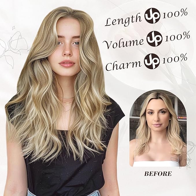 BARSDAR Light Ash Blonde Mix Clip in Hair Extensions - 6PCs Beach Wavy Blonde Highlight Clip in Hair Extensions for Women - 20 Inch Thick Soft Synthetic Clips on Hairpieces Daily Party Halloween