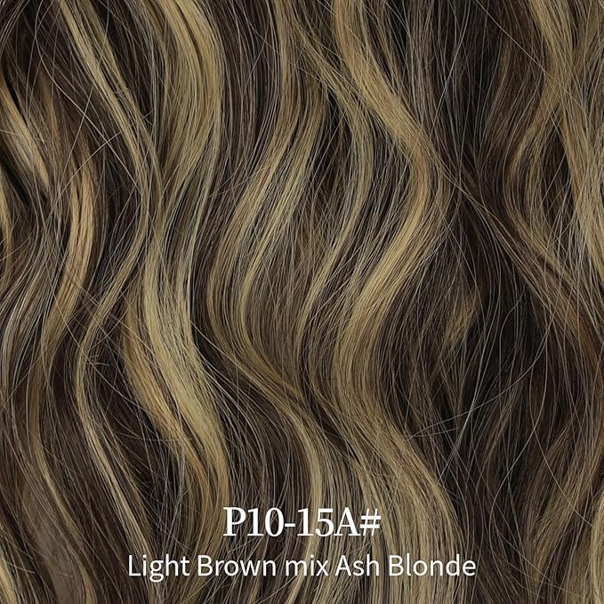KooKaStyle Invisible Wire Hair Extensions with Transparent Headband Adjustable Size 4 Secure Clips Long Wavy Secret Wire Hairpiece 20 Inch Light Brown mix Ash Blonde P10/15A for Women