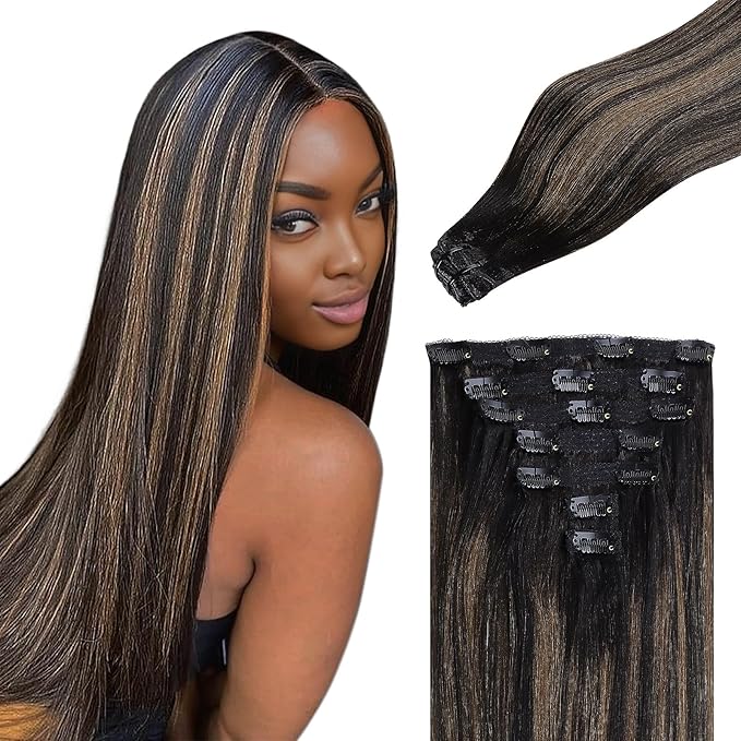 IDN BEAUTY Clip In Hair Extensions Real Human Hair, Yaki Straight 20 Inch 120g 7pcs, 1B/6/1B Balayage Natural Black to Chestnut Brown Remy Human Hair Extensions Clip Ins Real Human Hair Black Women