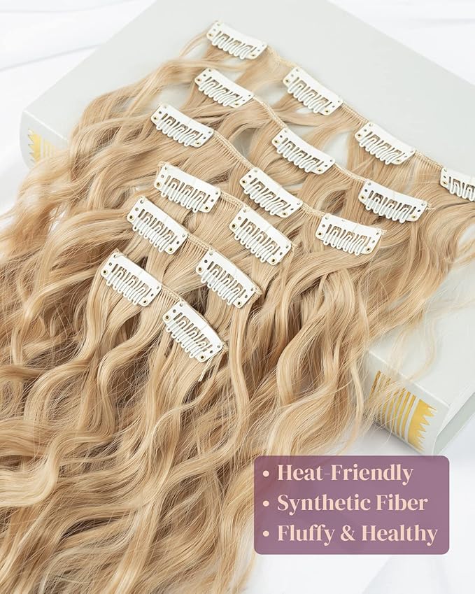 LONAI 6PCS Clip In Hair Extensions, 24" Blonde Hair Extensions Long Mermaid Waves Wavy Synthetic Clip On Hairpiece For Women Natural Black Hair For Daily Use Party（Ash Brown）