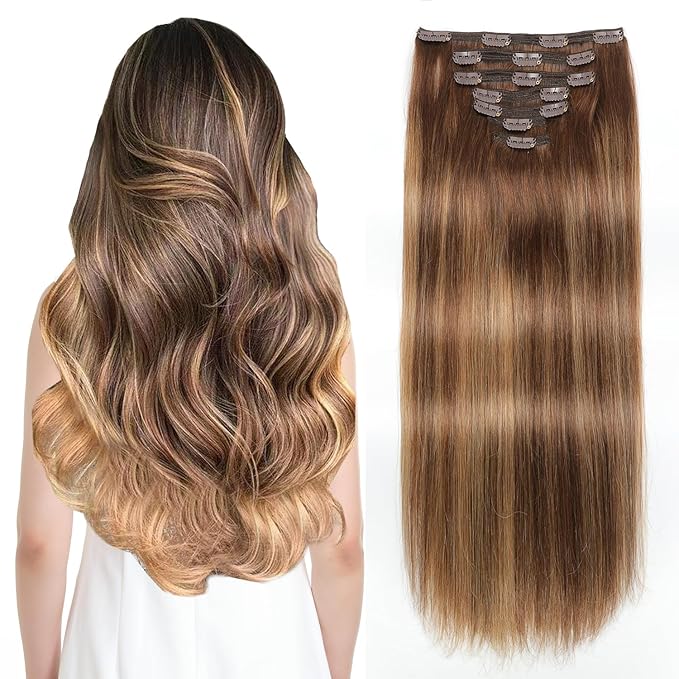Sisily Clip in Hair Extensions Real Human Hair, 20 inch 160g, Chocolate Brown To Caramel Blonde, 100% Brazilian Remy Human Hair Clip in Extensions Soft Straight 7pcs Per Set with 16 Clips Double Weft