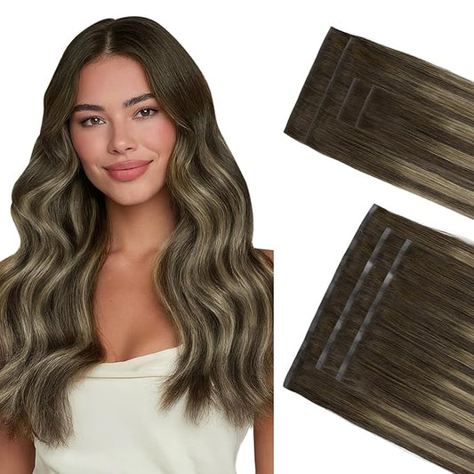 GOO GOO Invisi Edge Clip in Hair Extensions Set, 20inch 150g, 4pcs Injected Seamless PU Clip ins and 3pcs Classical PU Clip ins, Virgin Real Human Hair, #(T4B/26) P4B