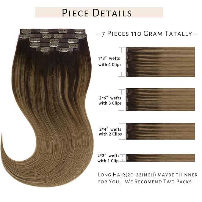 Caliee 22 Inch Seamless Hair Extensions Human Hair B2/6 Dark Brown Fading to Chestnut Brown Ombre Clip in Hair Extensions Real Hair 110G Invisible Weft Straight 7Pcs