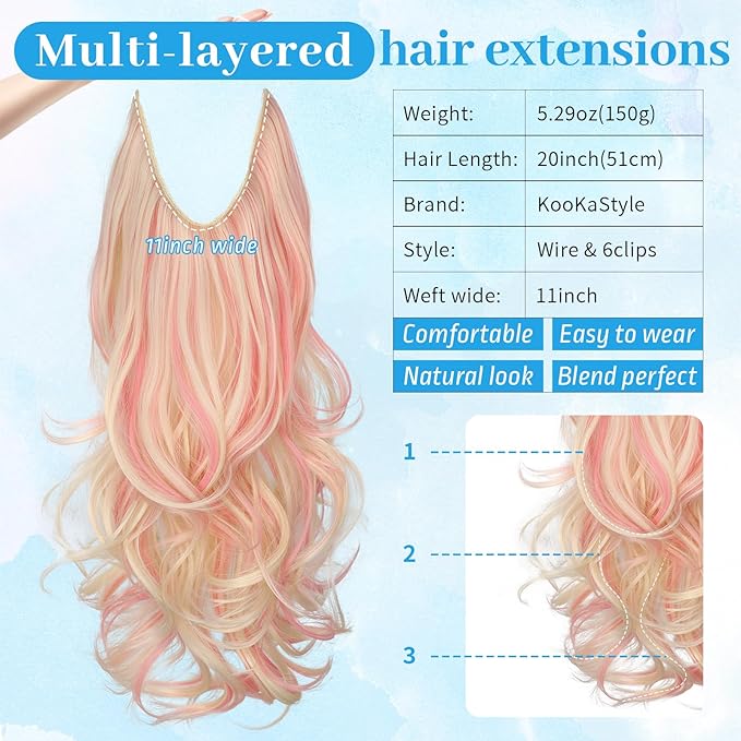 KooKaStyle Invisible Wire Hair Extensions 20"Long Wavy Layered Synthetic Clip in with Transparent Wire Adjustable Size 6 Secure Clips Blonde with Pink Highlights Thick Hairpieces for Women 20 Inch