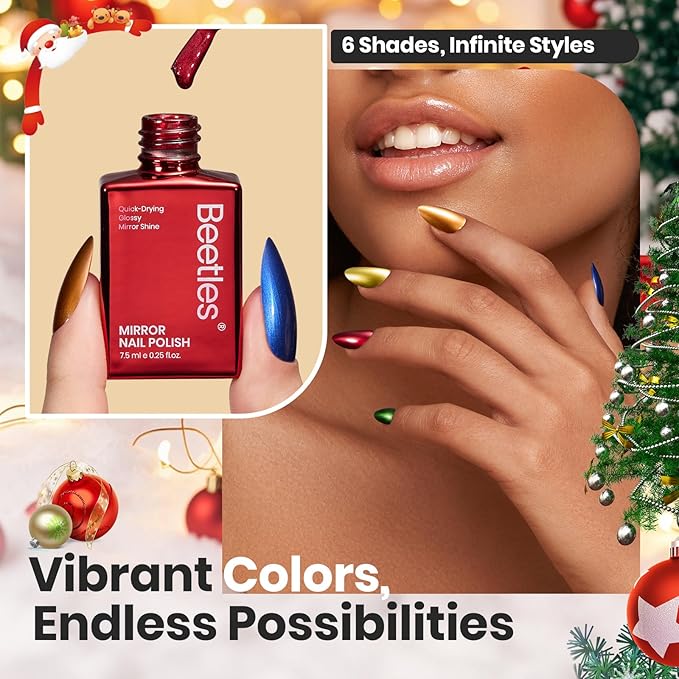 Beetles Chrome Metallic Nail Polish Set - Jingle Jewels 6 Colors Quick-Drying Glossy Mirror Nail Polish Shiny Chrome Effect Fingernail Polish DIY Nail Art Christmas Gift for Women Salon Home