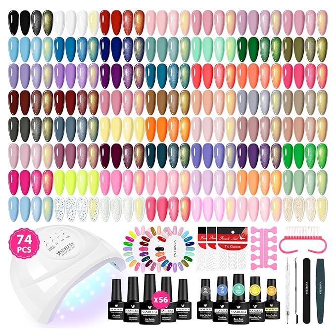 VANREESA Gel Nail Polish Kit with U V Light 74 Pcs Gel Polish Nail Set 56 All Season Colors Nail Polish Set Base Coat & 4 Effects Top Coat with Manicure Tools Complete Nail Kit Gifts for Women