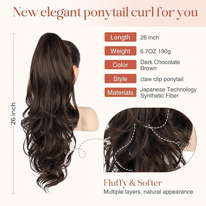 Flufymooz 26" Ponytail Extension, Long Wavy Curly Claw Clip in Ponytail Hair Extensions, Natural Synthetic Hairpiece for Women Daily Wear(Dark Chocolate Brown)