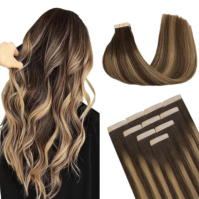 DOORES Tape in Hair Extensions Human Hair, Chocolate Brown to Caramel Blonde 10 Inch 20g 10pcs, Hair Extensions Tape in Human Hair Straight Remy Hair for Women
