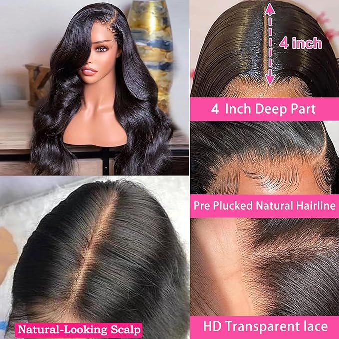 Lace Closure Wigs Human Hair Body Wave Brazilian Virgin Body Wave Human Hair Wigs for Black Women Wavy Human Hair Wig 4x4 Lace Front Wigs Pre Plucked Bleached Knots (24inch)