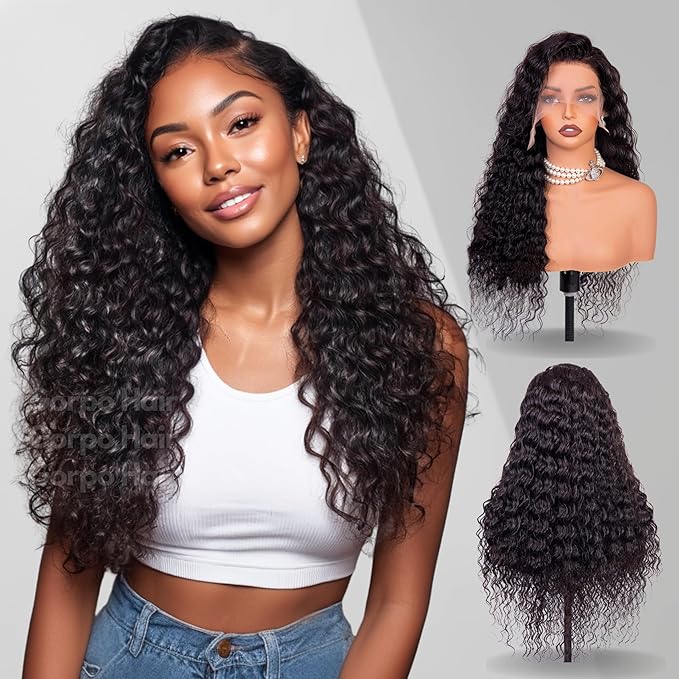 38 Inch Deep Wave Lace Front Wigs Human Hair, 13x6 HD Wet and Wavy Lace Front Wigs, Curly Human Hair Wig, 180 Density Deep Wave Wig, Pre Plucked & Glueless, Natural Color