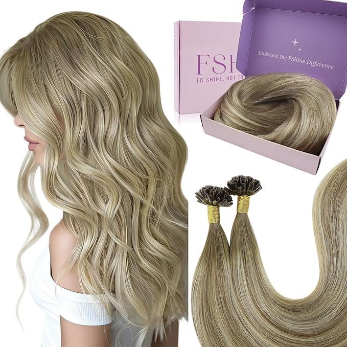 Fshine Ombre Pre Bonded Hair Extensions Remy Hair Dark Brown Fading to Light Brown and Golden Blonde U Tip Human Hair Extensions Hot Fusion Real Hair Extensions 16 Inch 40g