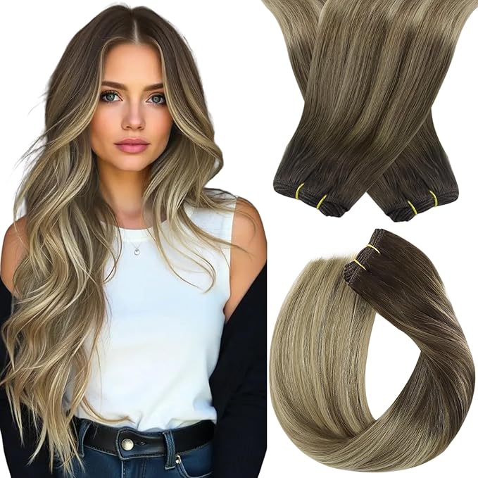 Sunny Hair Sew in Hair Extensions Real Human Hair 18inch Weft Hair Extensions Human Hair Dark Brown Ombre Golden Brown Mix Light Blonde Hair Weft Extensions for Women Real Hair Straight 100g