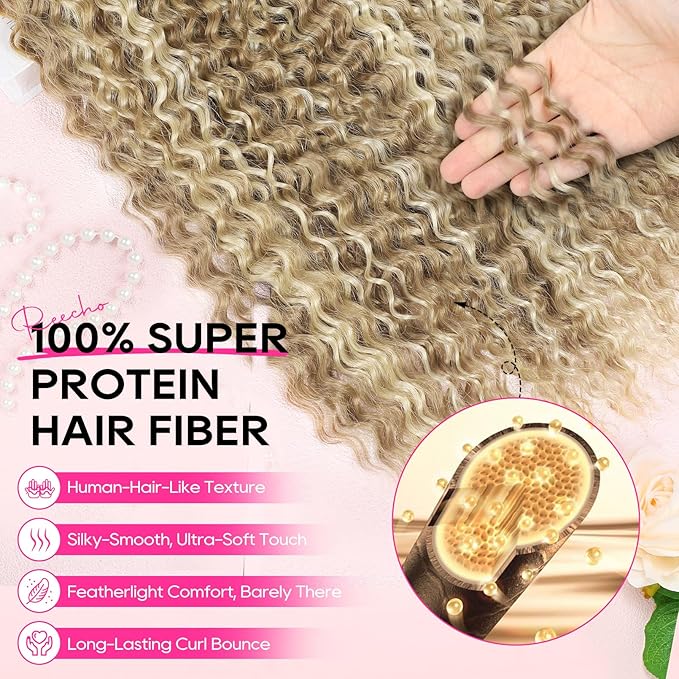 REECHO Hair Extensions - 4PCS 20" Water Wave Clip in Hair Extensions 100% Super Protein Silky Soft Natural Look with Invisible Lace Weft Hairpieces for Women - Honey Blonde with Highlights