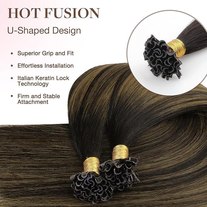 GOO GOO U Tip Hair Extensions - Real Human Hair, 18inch 50g 50S, Hot Fusion U Tip, Invisible Remy, 1B/6/1B Balayage Natural Black to Chestnut Brown