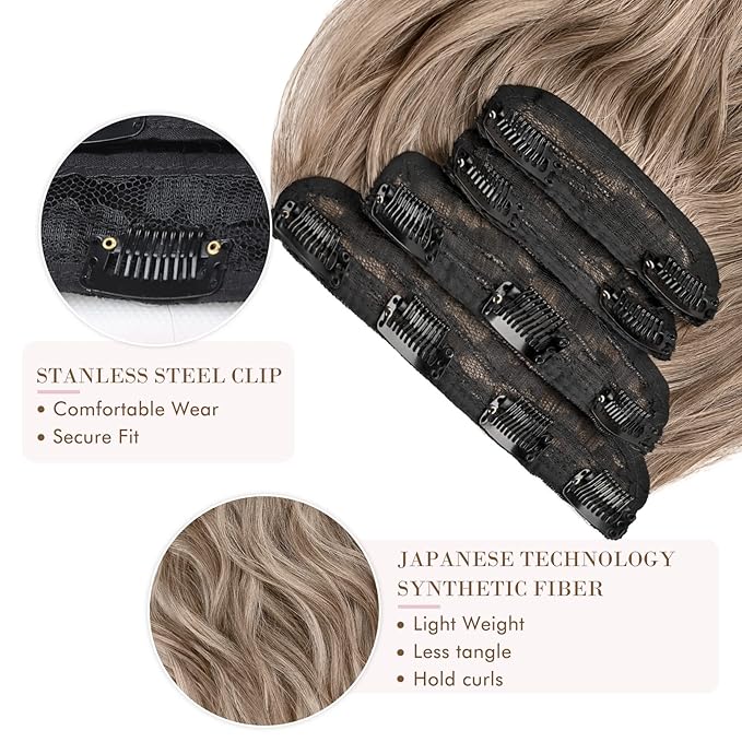 REECHO Hair Extensions, 4PCS Clip in Hair Extensions HE001 Natural Soft Synthetic Hairpieces for Women (20 Inch-200 Gram (Pack of 4), Ash Brown with Blonde Ends)