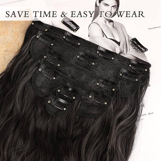 NAYOO Clip in Hair Extensions for Women 20 Inch Long Wavy Curly Natural Black Hairpieces Full Head Synthetic Hair Hairpieces(6PCS,Natural Black)