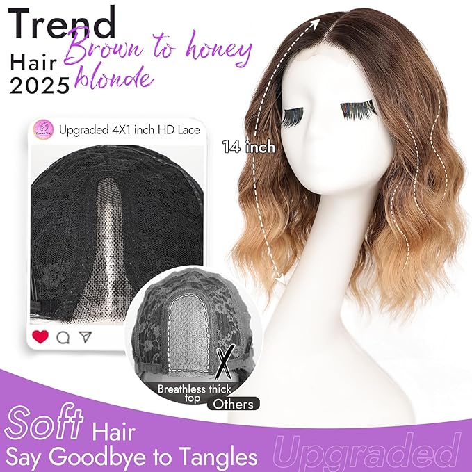 Brown to Honey Blonde Short Wavy Wig for Women Lace Hairline Bob Style Synthetic Heat Resistant - Natural Appearance for Everyday Hairstyle 14 Inch