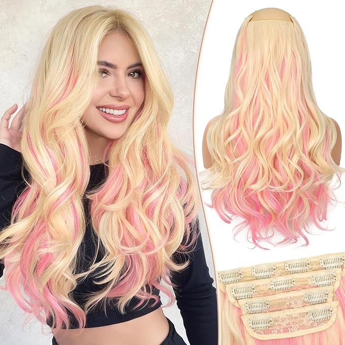 Kookastyle Clip in Hair Extensions, Natural Long Layered Soft Invisible Synthetic Curly Hairpieces for Women,4 pcs(20 Inch, Blonde with Pink)