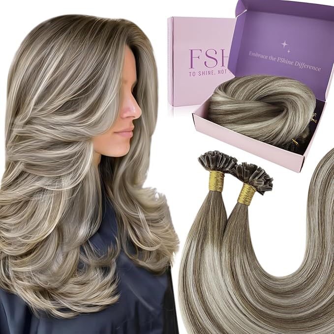 Fshine Fusion Human Hair Extensions 14 Inch U Tip Extensions Chestnut Brown to Platinum Blonde Keratin Tip Hair Extensions 50 Strand 40G Real Human Hair