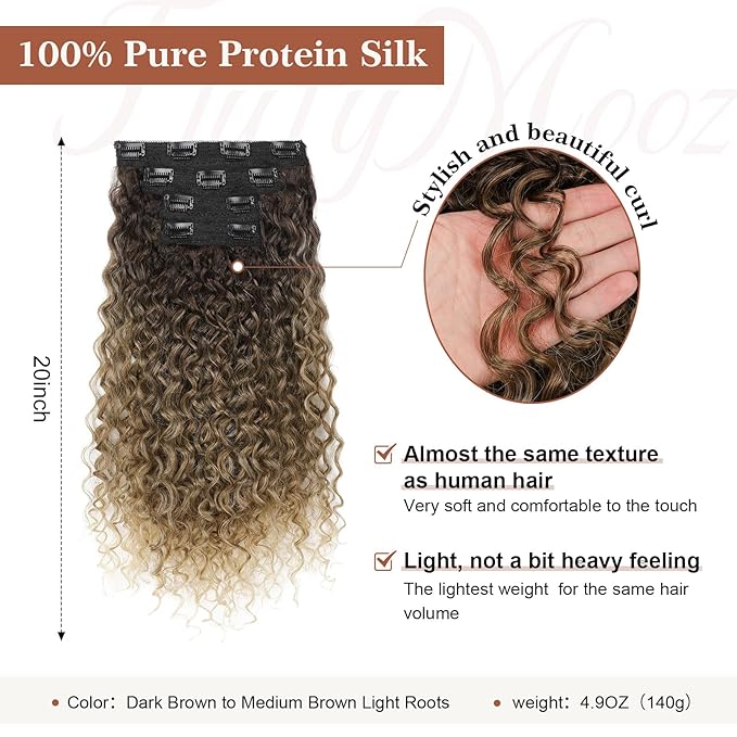 Clip in Hair Extensions, FLUFYMOOZ 4PC 100％ Pure Protein Silk Hair Extensions Long Soft Natural Hairpiece 20 Inch Curly Hair Extension for Women (Dark Brown to Medium Brown Light Roots)