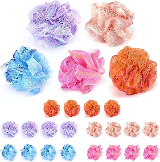 Mini Shower Loofah 20 Pack for Travel Portable Bath Sponge Puff Quick Lather Durable Mesh Gentle Exfoliation for All Ages Small Size Ideal for Home, Gym, or on The Go