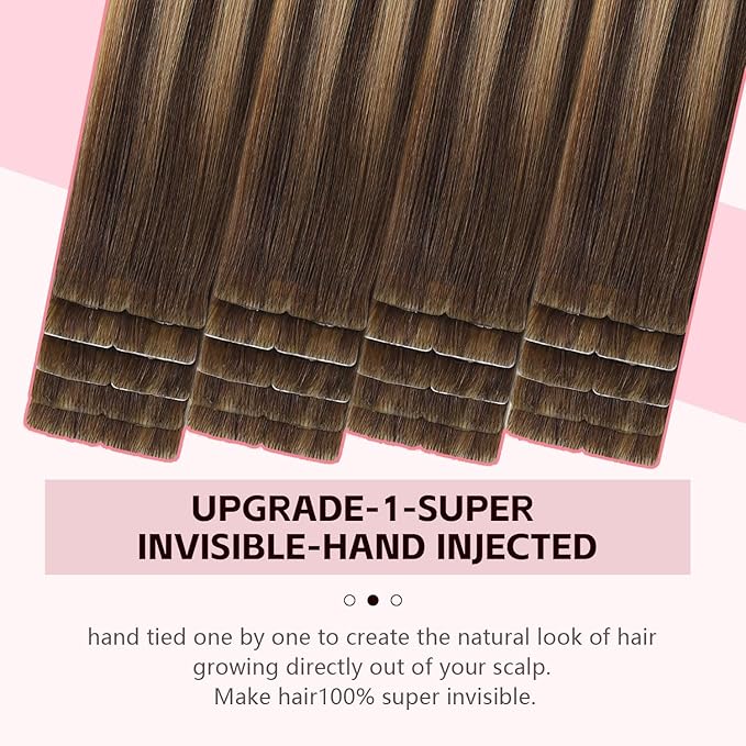 3rd-Generation Invisible Tape in Hair Extensions Real Human Hair #4/27/4 Chocolate Brown to Caramel Blonde 20pcs 45g 20inch Seamless Injection Hand-Tied Tape ins Extensions（#4/27/4a-20inch）