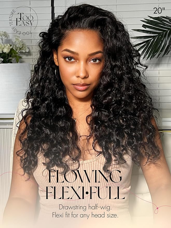 LUVME HAIR Half Wig Human Hair Water Wave Flexi-Fit Invisi Flip Drawstring Wig 200% Density Glueless Wigs 100% Human Hair Natural Black Ready to Go Headband Wig for Women