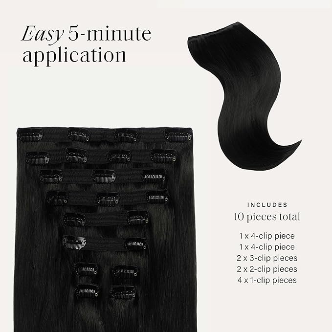 Luxy 100% Remy Human Hair, Classic 160g Clip-In Hair Extensions - 10 Wefts Multi-Dimensional Color for Natural Blending, Adds Volume & Length, Easy Apply & Remove 16" Off Black Classic