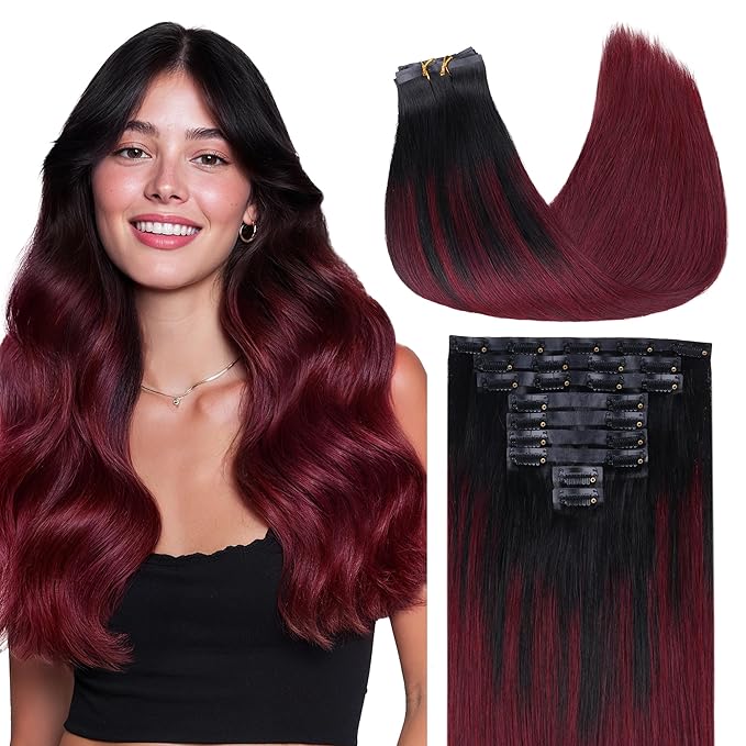 GOO GOO Clip in Hair Extensions Real Human Hair, Remy Human Hair Extensions Clip ins for Women, Natural Human Hair, 14inch 130g 9 Pcs, #1/99j Balayage Jet Black to Red Seamless Blend