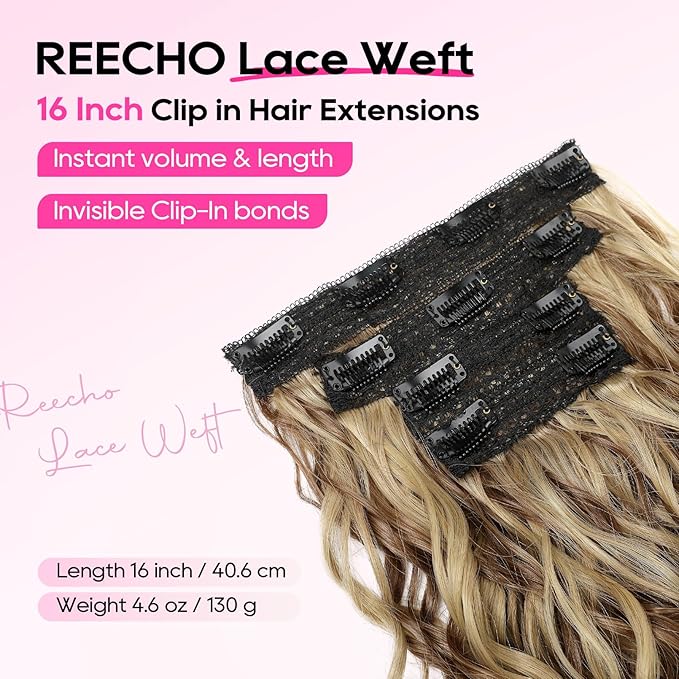 REECHO Curly Hair Extensions, 4PCS 16 inch Clip in Hair Extensions Lace Weft Short Curly Extension Clip Ins Invisible Natural Hairpieces for Women, Brown with Deep Blonde Highlights
