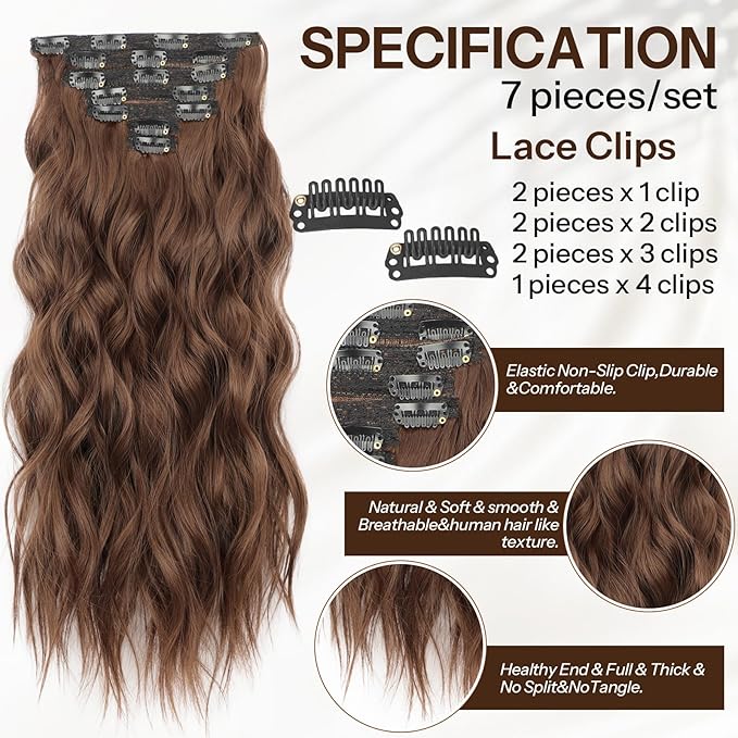 KooKaStyle Hair Extensions, 7PCS Clip in Hair Extension, 20 Inch Chestnut Brown Long Wavy Natural Soft Thick Hairpieces for Women…